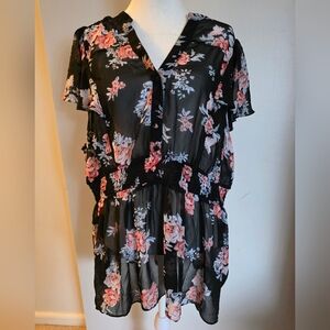 Beautiful Floral Sheer Black Blouse w/ Flutter Sleeves
